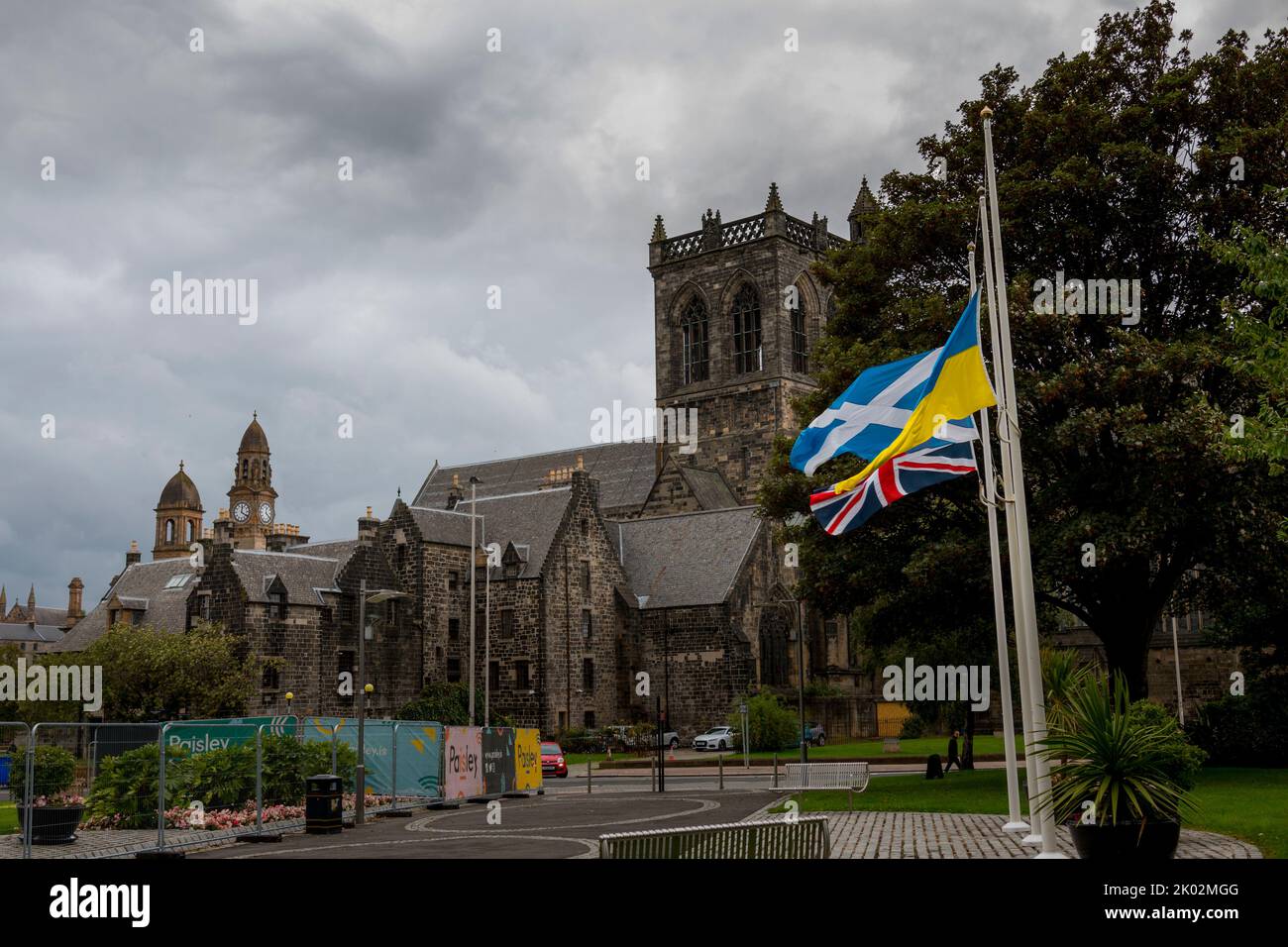 Paisley Renfrewshire council flags at halfmast Queen Elizabeth`s